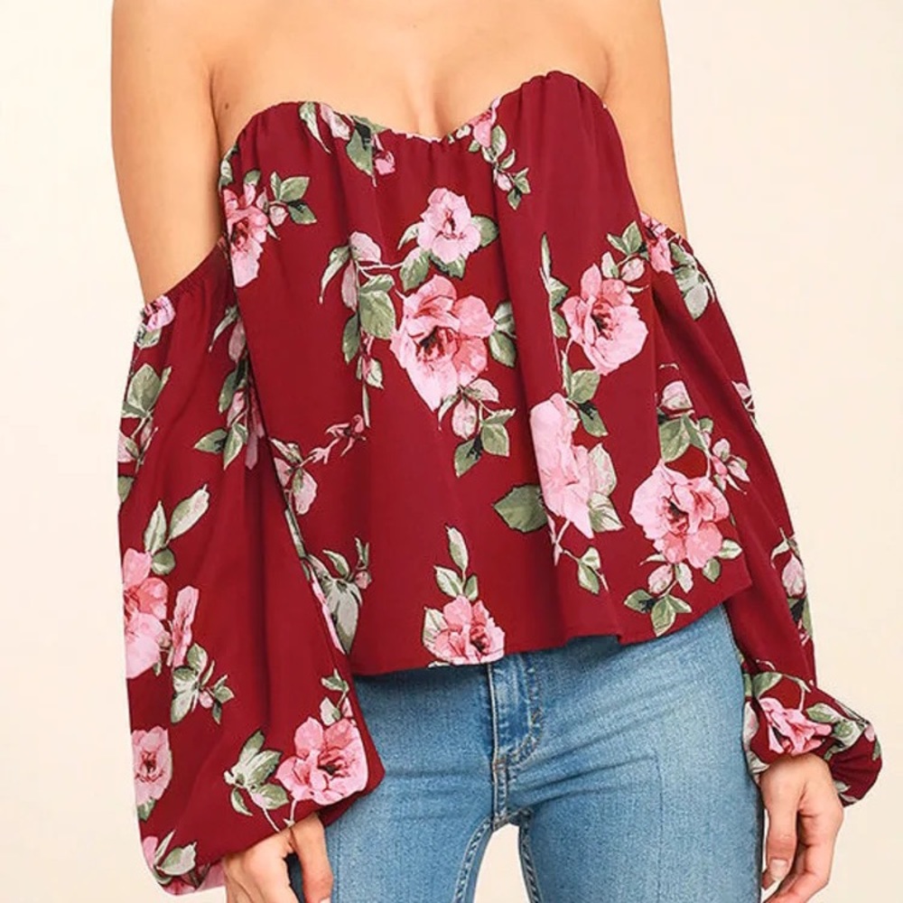 Lulus In Your Arms Wine Red Floral Print Off-the-Shoulder Top Size S